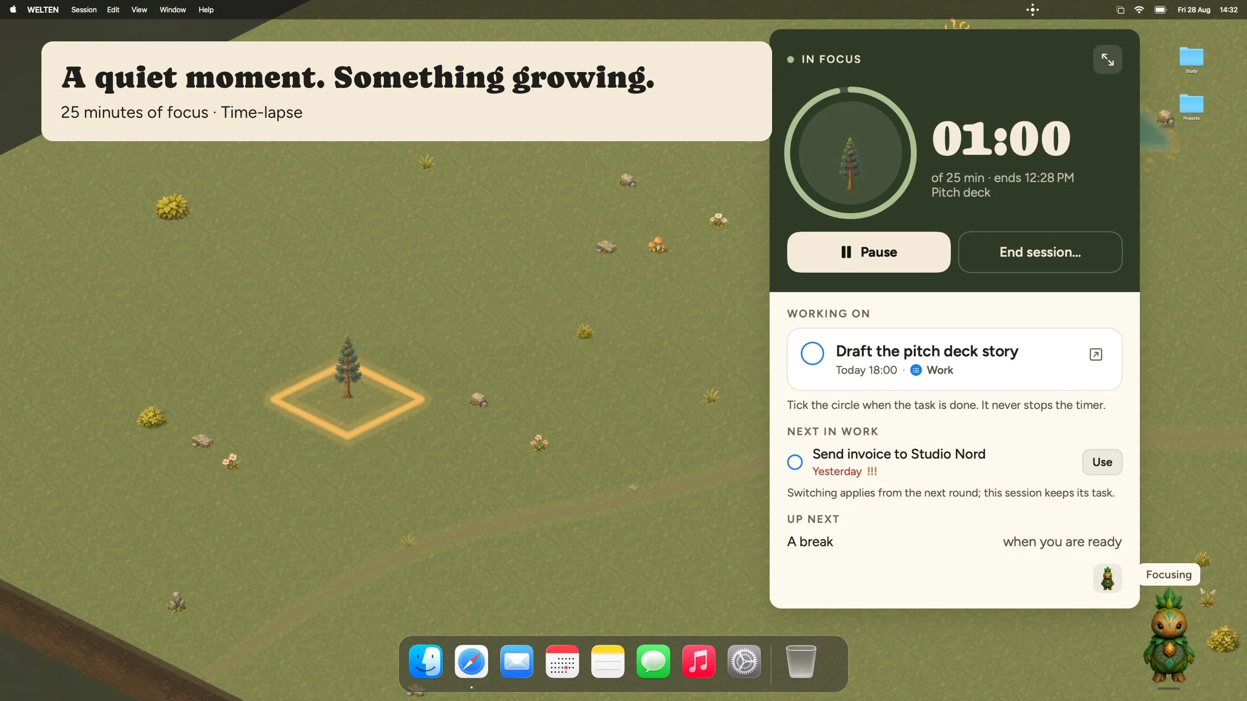 A WELTEN focus session on a Mac desktop: the timer panel works on a to-do from Reminders while a new tree grows in the forest behind the desktop icons