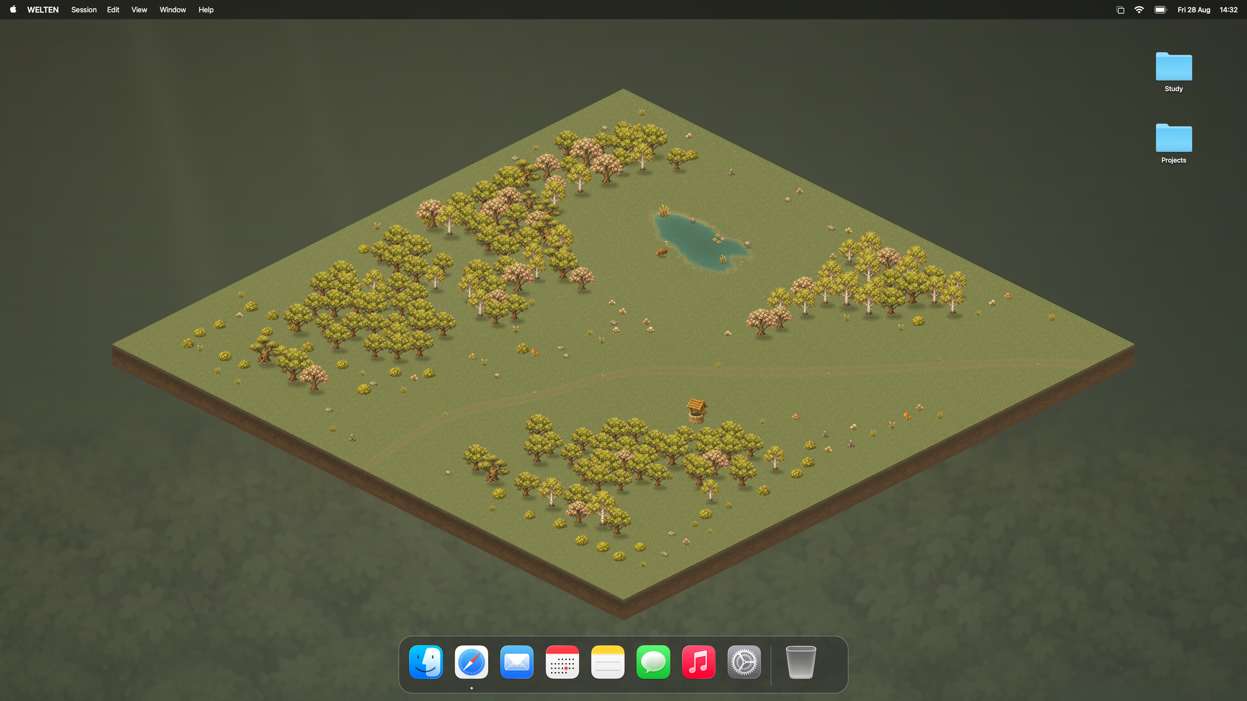 The entire Waldlichtung forest on a Mac desktop, with the macOS menu bar, desktop folders, and Dock